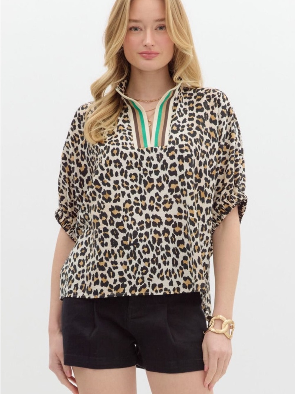 entro Leopard Print Split V-Neck Top - Beige/Black with Green Trim